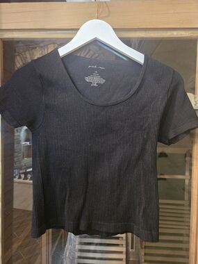Pink Rose Black Ribbed Scoop Neck Tee